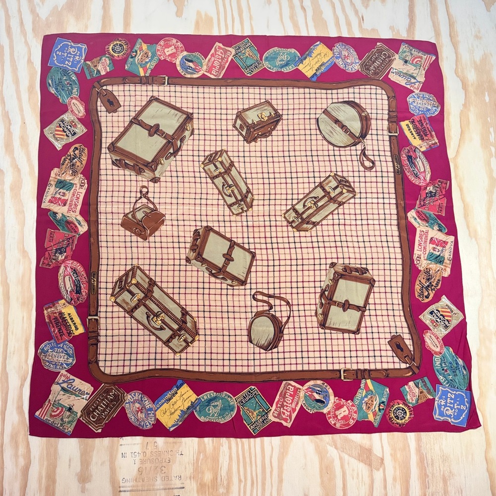 Vintage Ralph Lauren Burgundy Travel Luggage Hotel Labels Silk Scarf 34"x 34"